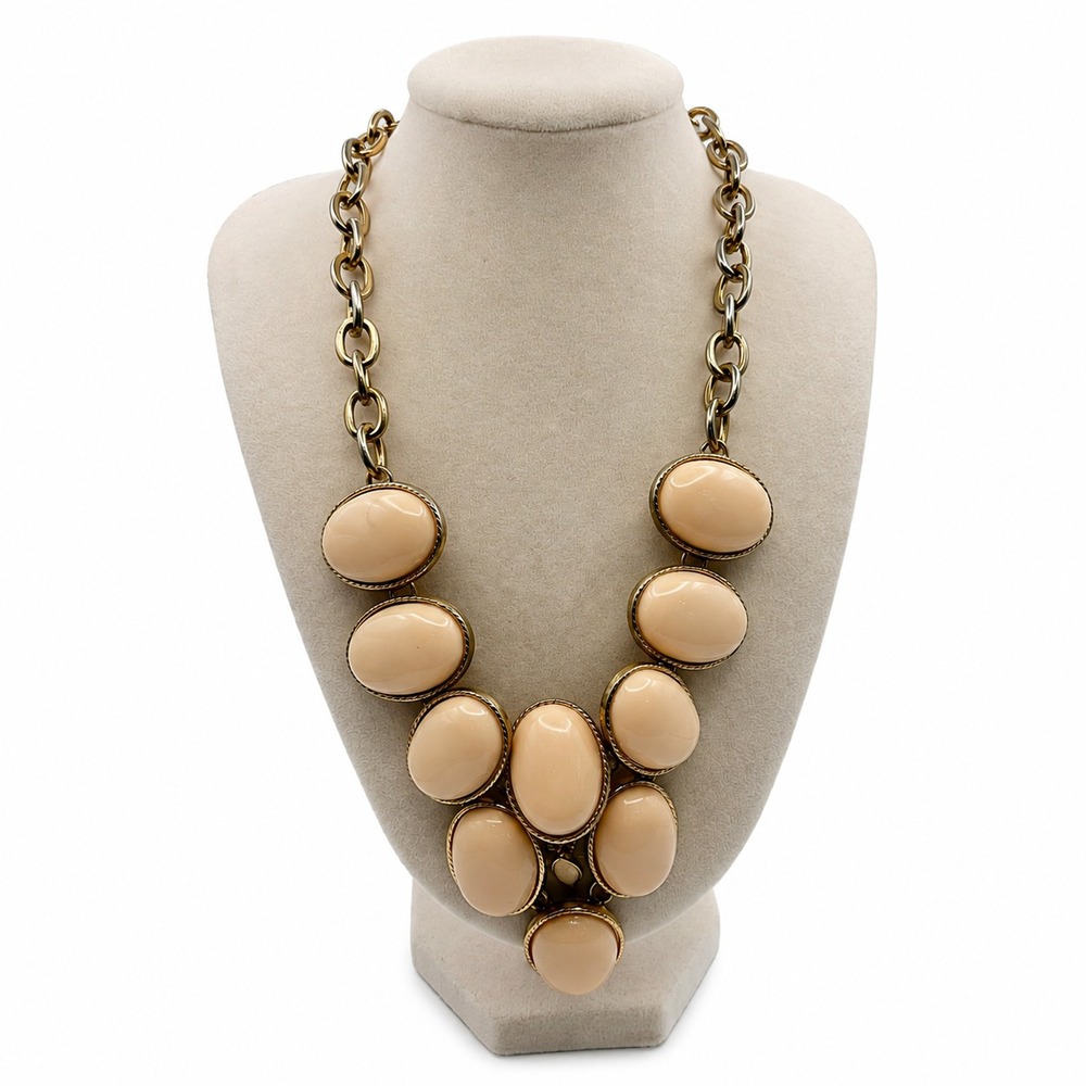Vintage Peach Lucite Statement Necklace Chunky Gold Tone Cabochon Bib 15-18"